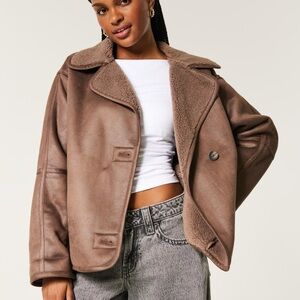 Hollister Sherpa Lined Faux Suede Jacket in Brown